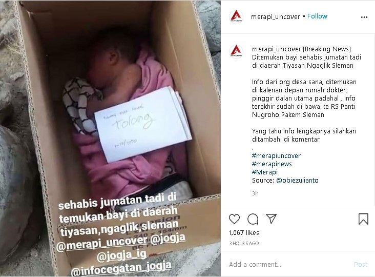 Bayi ditemukan di Kapanewon Ngaglik, Sleman, Jumat (2/10/2020), dengan secarik kerta sbertulisan "Muhammad Agsna Naufal. Tolong. 1-10-2020". - (Instagram/@merapi_uncover)