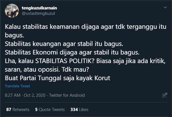 Cuitan Tengku Zulkarnain Sentil Pernyataan Moeldoko (Twitter/@ustaztengkuzul).