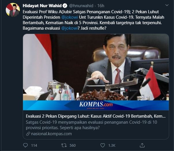 Cuitan Hidayat Nur Wahid ke Jokowi (Twitter/@HNurwahid).