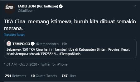 Cuitan Fadli Zon Soal Kedatangan TKA Cina (Twitter/@fadlizon).