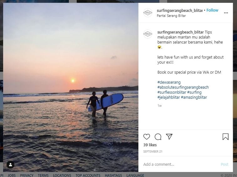 Surfing di Pantai Serang Blitar (Instagram @surfingserangbeach_blitar)