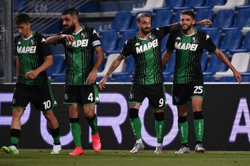 Para pemain Sassuolo rayakan gol ke gawang lawan dalam laga Serie A Italia. [AFP]