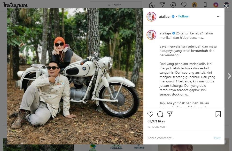 Pesan cinta Atalia untuk Gubernur Jawa Barat Ridwan Kamil yang ultah (IG/ataliapr)