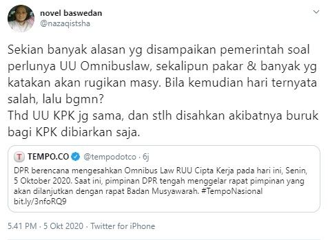 Novel Baswedan khawatir RUU Cipta Kerja bernasib sama seperti UU KPK (Twitter/nazaqistsha)