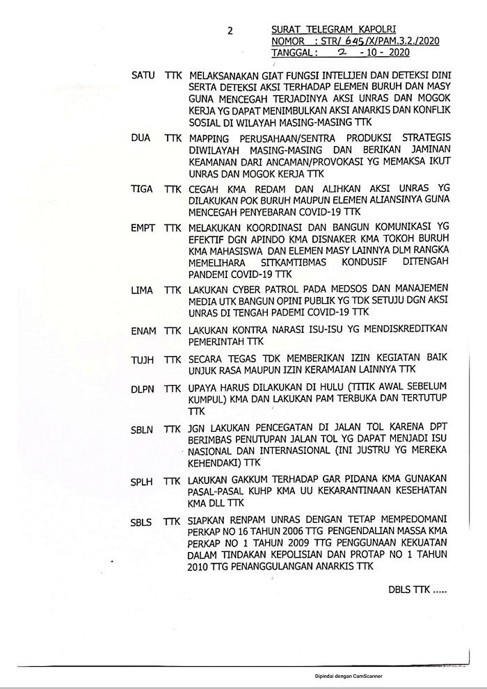 Tangkap layar TR Kapolri antisipasi demo tolak Omnibus Law. (istimewa)