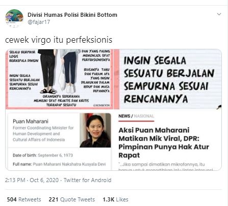 Cuitan tentang Puan Maharani berzodiak Virgo. (Twitter/@fajar17)