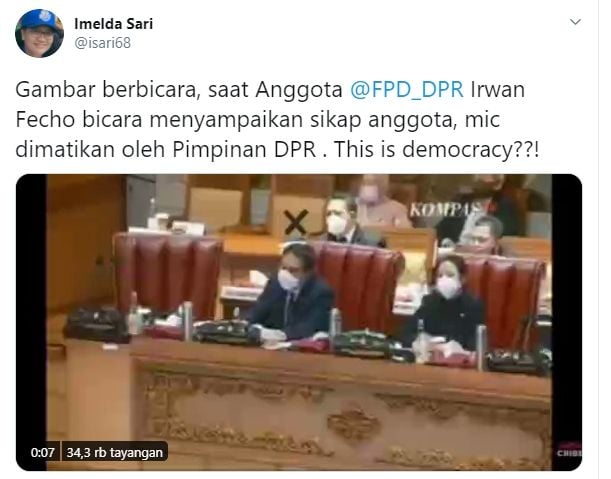 Tangkap layar cuitan Wasekjen Demokrat Imelda Sari terkait video Puan Maharani matikan mik anggota dewan saat rapat pengesahan RUU Cipta Kerja di DPR. (Twitter).