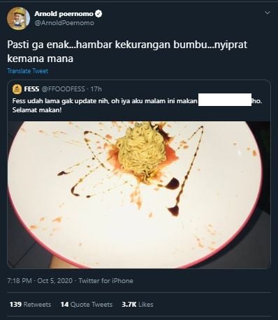 Kocak! Karya Mi Instan Mewah Ini Dapat Komentar Menohok dari Chef Arnold. (Twitter/@ArnoldPoernomo)