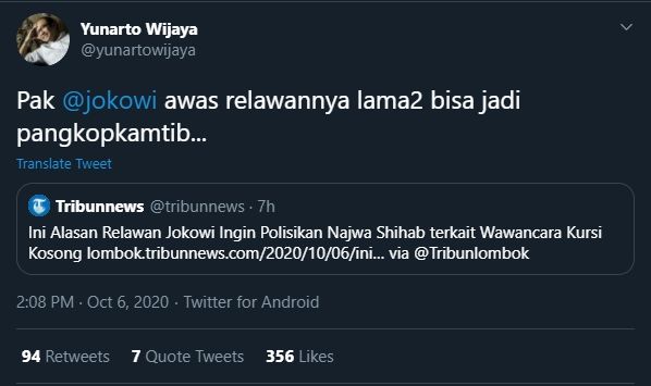 Cuitan Yunarto Wijaya ke Presiden Jokowi (Twitter/@yunartowijaya).