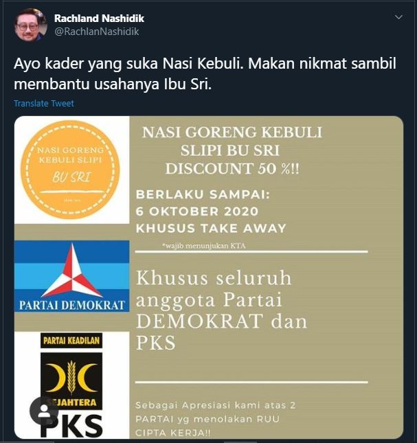 Kader Politisi PKS dan Demokrat Diskon Makan Nasi Kebuli (Twitter/@rachlanNashidik).