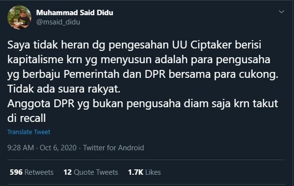 Cuitan Said Didu Soal Omnibus Law (Twitter/@msaid_didu).