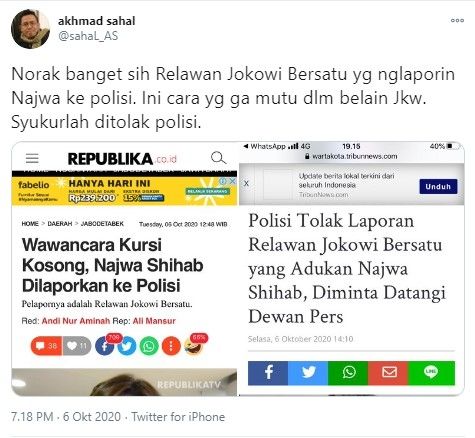 Gus Sahal komentari relawan Jokowi laporkan Najwa Shihab (Twitter/sahal_as)