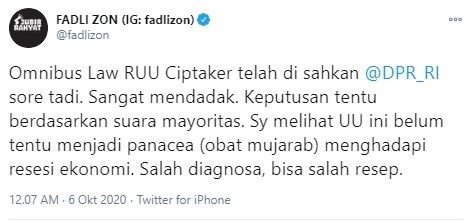 Fadli Zon komentari pengesahan RUU Cipta Kerja (Twitter/fadlizon)