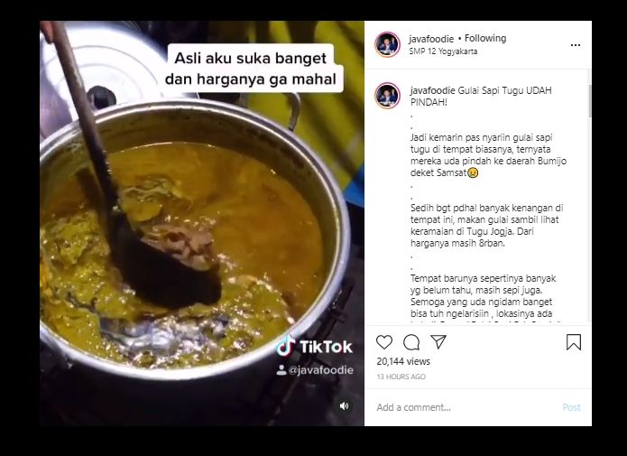 Pindah Lokasi, Gulai Sapi Tugu Pak Samin Masih Sepi Pembeli. (Instagram/@Javafoodie)