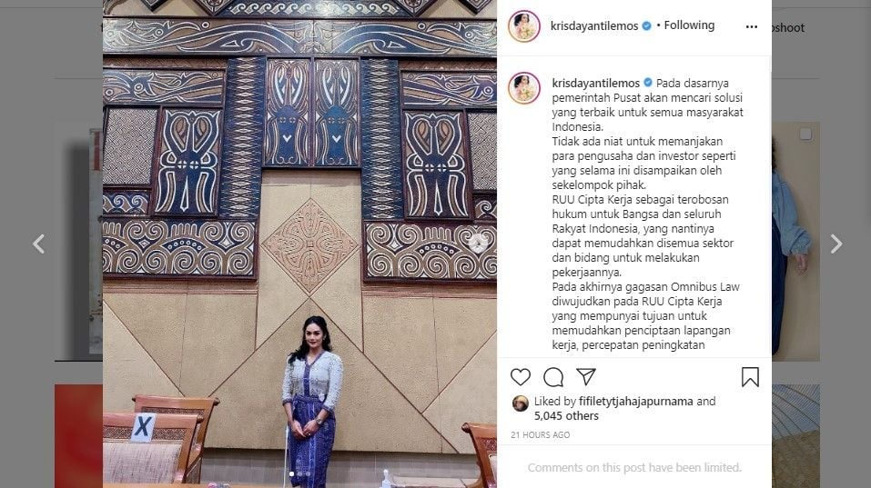 Komentar Krisdayanti soal UU Cipta Kerja di Instagram