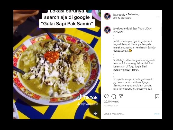 Pindah Lokasi, Gulai Sapi Tugu Pak Samin Masih Sepi Pembeli. (Instagram/@Javafoodie)