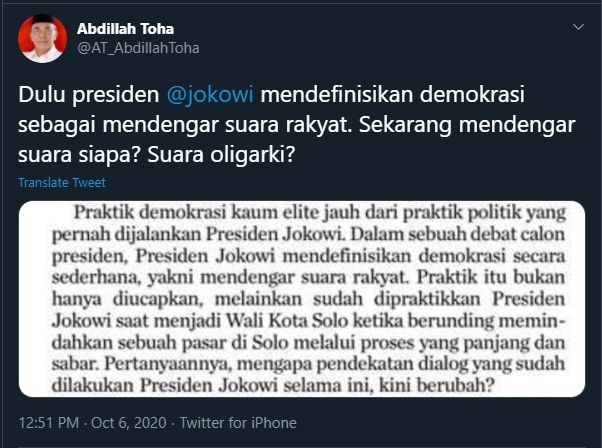 Cuitan Abdillah Toha Kritik Jokowi yang Tak Lagi Mendengar Suara Rakyat (Twitter/@AT_AbdillahToha).