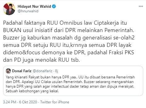 HNW ungkap pembuat RUU Cipta Kerja (Twitter/hnurwahid)