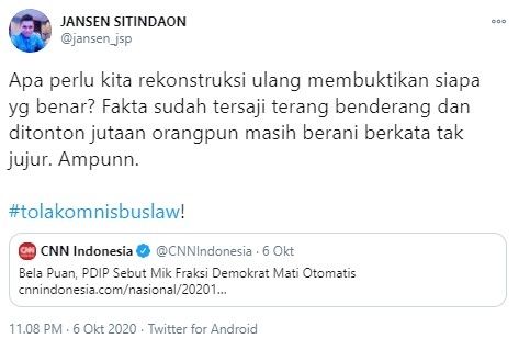 Jansen Sitindaon soal pembelaan PDIP terkait mik mati di rapat UU Cipta Kerja (Twitter/jansen_jsp)