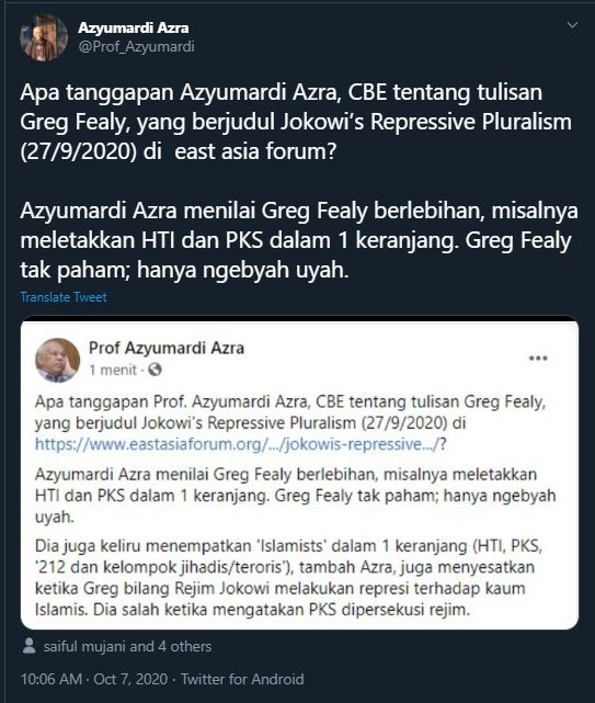 Cuitan Azyumardi Azra Kritik Tulisan Greg Fealy (Twitter/@Prof_Azyumardi).