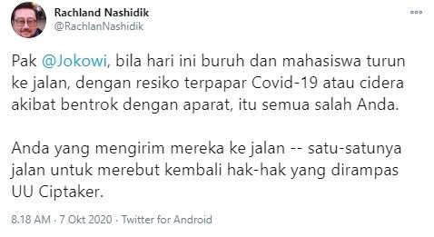 Rachland Nashidik sebut pendemo kena Covid-19 karena kesalahan Jokowi (Twitter/rachlannashidik)