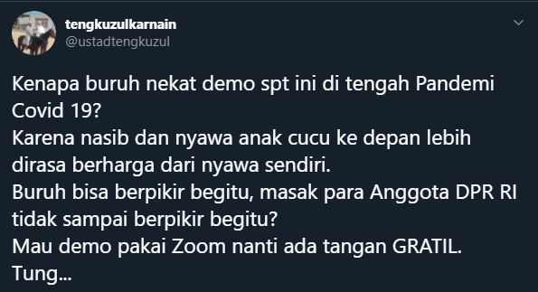 Cuitan Tengku Zul Soal Demo di Tengah Pandemi (Twitter/@ustadtengkuzul).