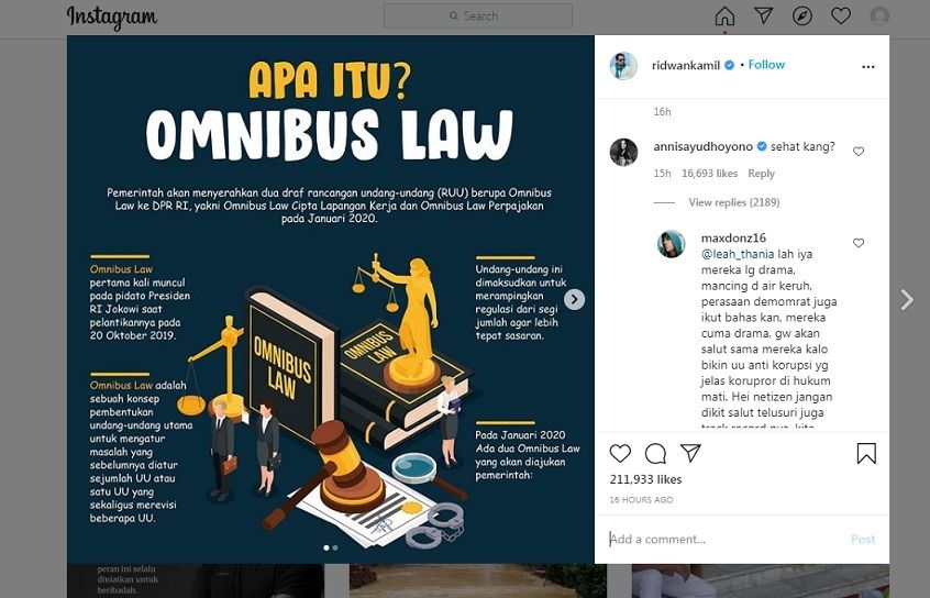 Unggahan Ridwan Kamil dikomentari Annisa Pohan [Instagram]