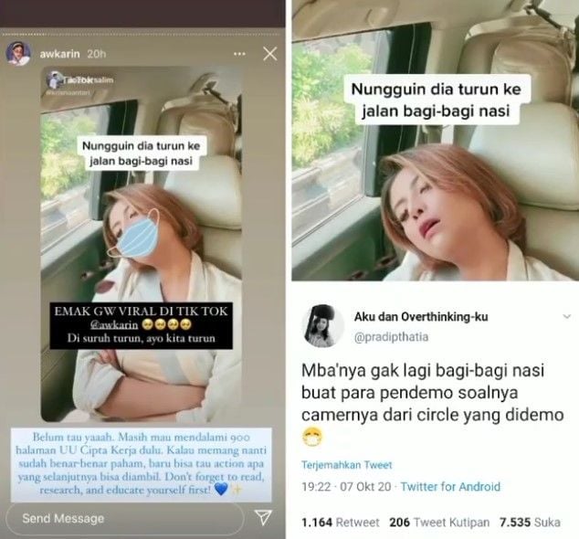 Keberadaan Awkarin ditunggu-tunggu di demo penolakan UU Cipta Kerja. [Instagram]