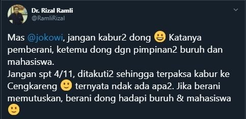 Kicauan Rizal Ramli ke Jokowi, Tuntut Agar Bertemu Rakyat (Twitter/@RamliRizal).