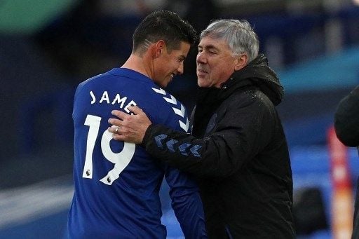 Pemain Everton James Rodriguez rayakan golnya ke gawang Brighton dalam pertandingan Liga Inggris yang berlangsung di Goodison Park, Sabtu (3/10/2020). [AFP]