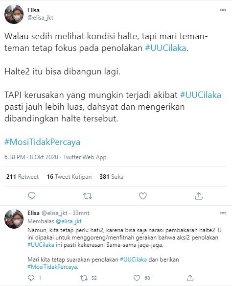 Komentar aktivis soal fasilitas rusak pasca demo tolak Cipta Kerja (Twitter)