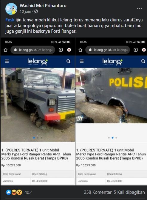 Viral mobil tempur dilelang murah. (Facebook)