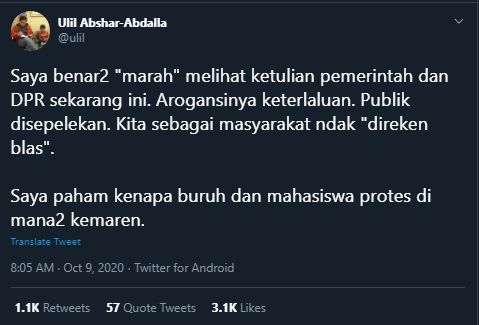 Intelektual NU Marah ke Pemerintah dan DPR (Twitter/@ulil).