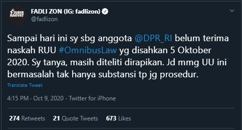 Fadli Zon Sebut UU Ciptaker Bermasalah di Substansi dan Prosedur (Twitter/@fadlizon).