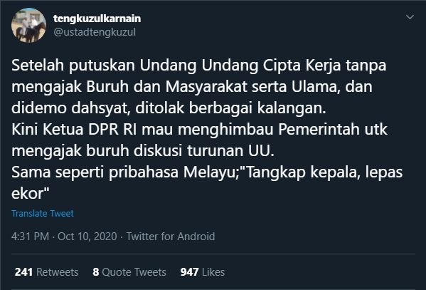 Kicauan Tengku Zulkarnain ke Puan Maharani (Twitter/@ustadtengkuzul).