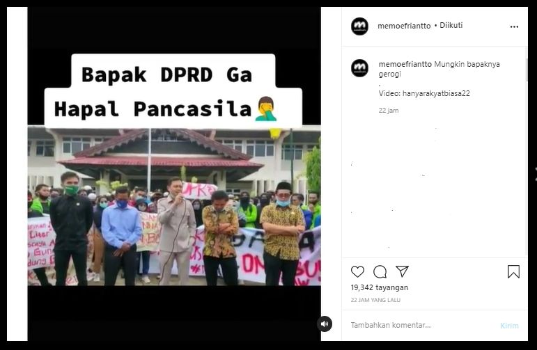 Viral Anggota DPRD Tak Hafal Pancasila, Diteriaki Para Pendemo (Instagram/@memoeffriantto).