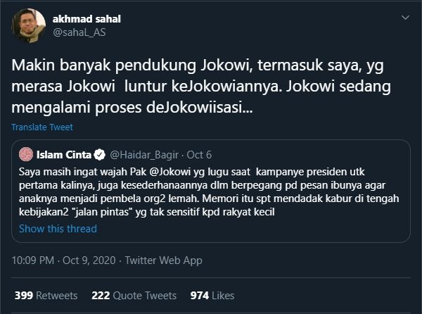 Gus Sahal Sebut Jokowi Mengalami Proses DeJokowisasi (Twitter/@sahal_AS).