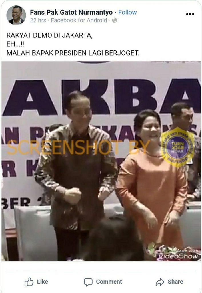 Cek Fakta Video Presiden Jokowi Menari saat Rakyat Sedang Berdemo (Turnbackhoax.id).