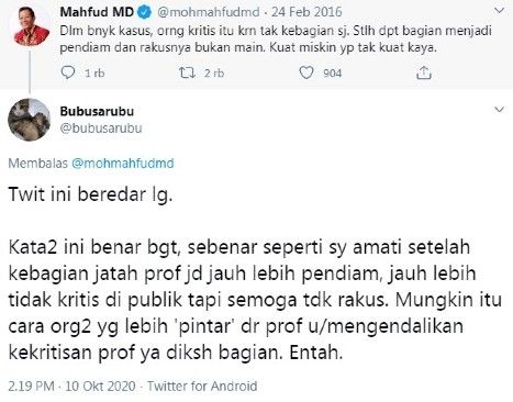 Netizen ungkit tweet jadul Mahfud MD. [Twitter]