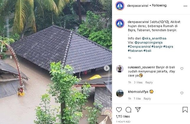 Sejumlah rumah warga di Tabanan kebanjiran. (Instagram/@denpasar.viral)