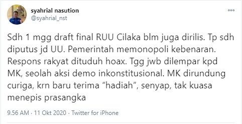 Komentar Syahrial Nasution soal draf UU Cipta Kerja belum dirilis (Twitter/syahrial_nst)