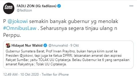 Fadli Zon minta Jokowi tinjau ulang UU Cipta Kerja (Twitter/fadlizon)