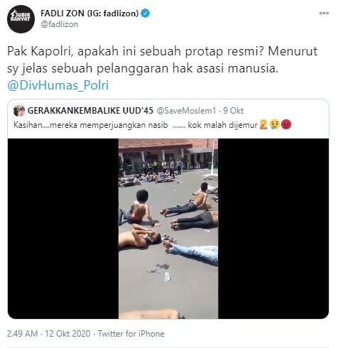 Fadli Zon kritik polisi jemur demonstran (Twitter/fadlizon)