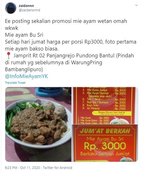 Khusus Jumat, harga mi ayam di Mie Ayam Bu Sri cuma Rp3 ribu. (Twitter/@zaidanxrmd)