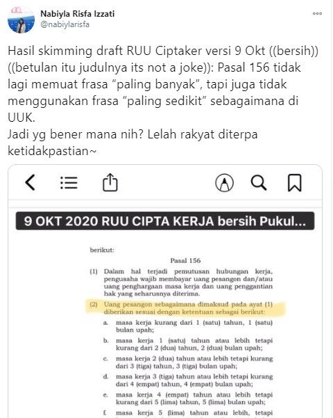 Draf RUU Cipta Kerja baru yang beredar di media sosial (Twitter/nabiylarisfa)