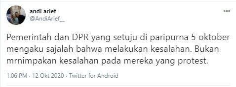 Andi Arief minta pemerintah dan DPR akui kesalahan sahkan UU Ciptaker (Twitter/andiarief_)