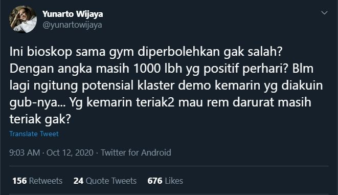 Kicauan Yunarto Kritisi PSBB Jakarta yang Mengizinkan Pusat Kebugaran Buka (Twitter/@yunartowijaya).