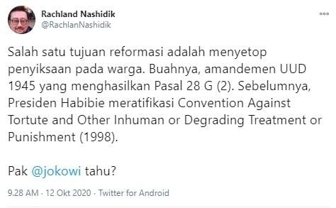 Rachland Nashidik sindir Jokowi soal tujuan reformasi (Twitter/rachlannashidik)