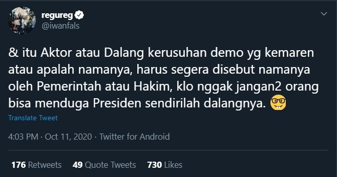 Iwan Fals Tuntut Pemerintah Buka Dalang Aksi UU Omnibus Law (Twitter/@iwanfals).