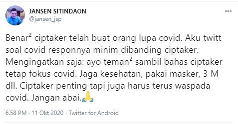 Jansen PD ajak publik kawal UU Ciptaker sambil fokus Covid-19 (Twitter/jansen_jsp)